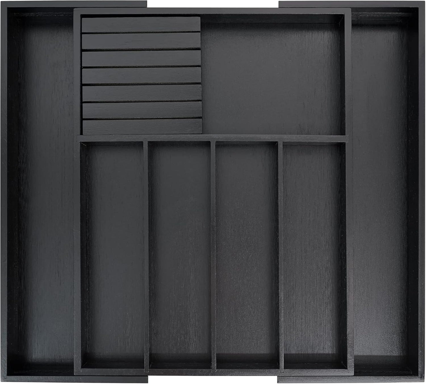 VaeFae Premium Bamboo Silverware Drawer Organizer Kitchen, Expandable Utensil Organizer with Knife Block, Cultery Tray with Divider for Flatware (Black)