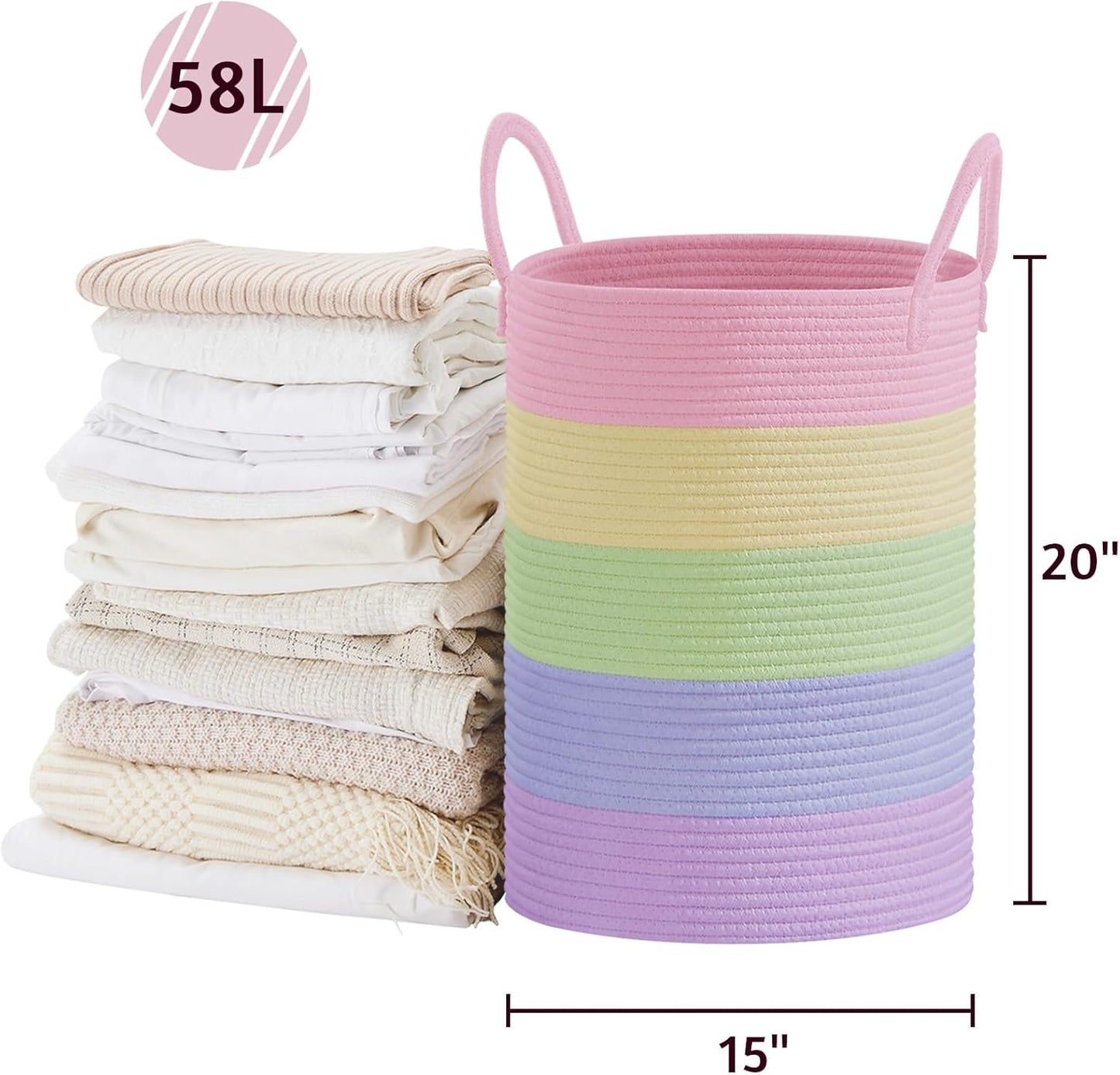 VIPOSCO Large Laundry Hamper, Tall Woven Rope Storage Basket for Blanket, Toys, Dirty Clothes in Living Room, Bathroom, Bedroom - 58L Rainbow