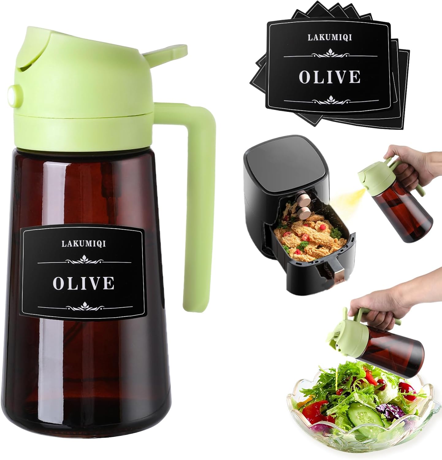 2-in-1 Glass Oil Dispenser & Sprayer - 16oz/470ml Leakproof Olive Oil Sprayer Bottle for Cooking, Air Fryer, BBQ, Baking, Salad (Green)