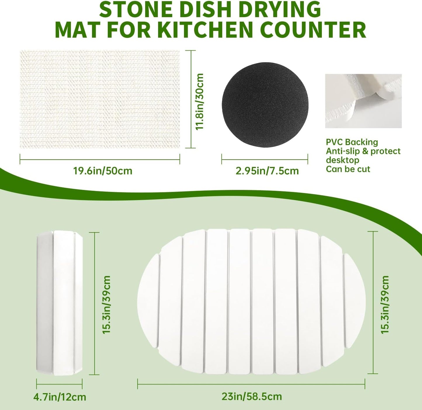 Stone Drying Mat for Kitchen Counter Oval, 23.62"x15.35", Collapsible Quick Dry Dish Drying Mat, Absorbent Diatomaceous Earth Pads Match Any Countertop for Dishes Kitchen and Bathroom