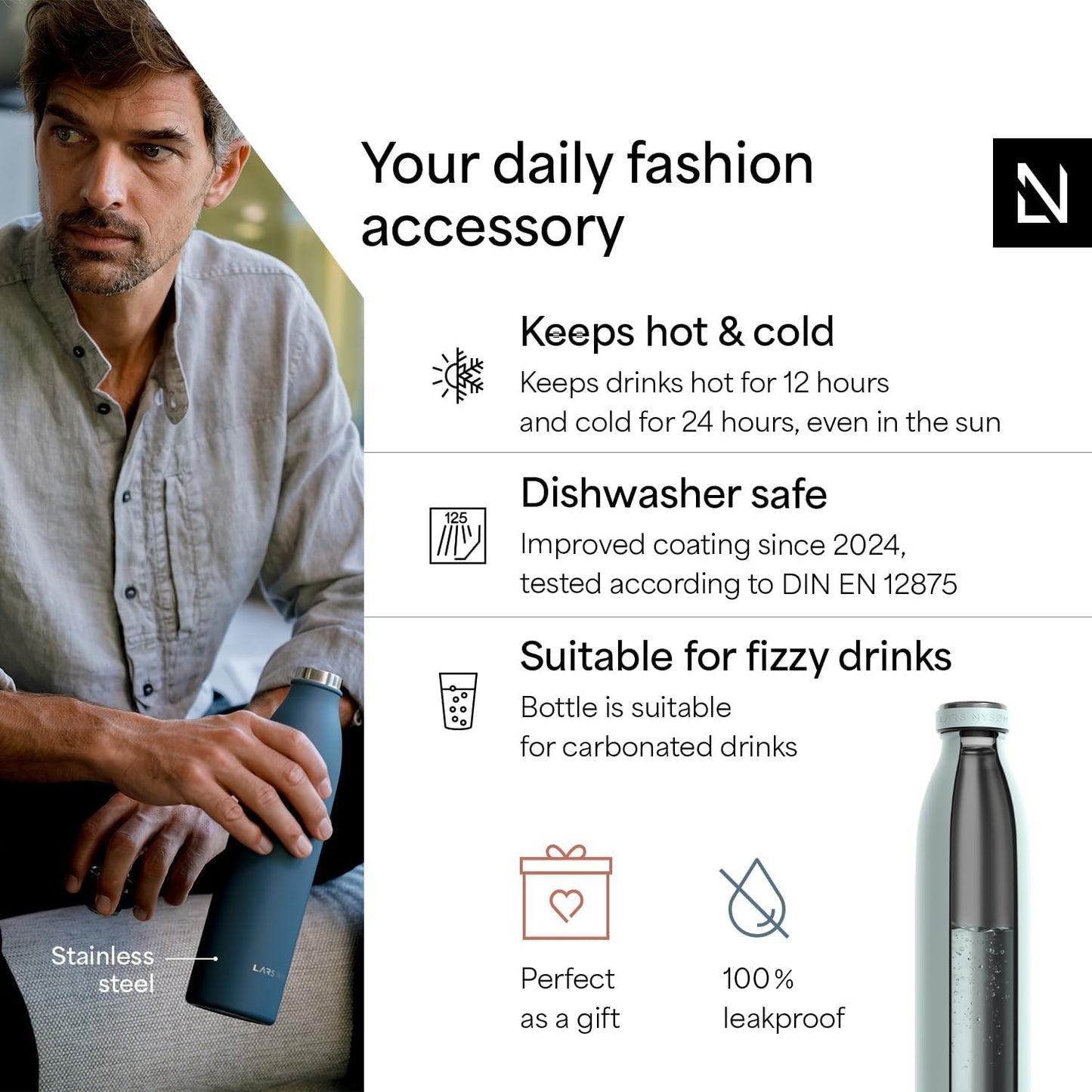 LARS NYSØM Stainless Steel Insulated Water Bottle 12oz 17oz 25oz 34oz 51oz | Insulated Thermo Flask for Hot and Cold Beverages | Leakproof Drinking Bottle (Misty Blue, 17oz)