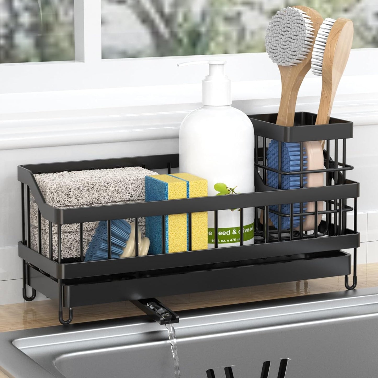 Sponge Holder for Kitchen Sink, Sink Caddy with High Brush Holder, Rustproof and Strong, anti slip, Self Draining spout is ideal, Keep Countertop Cleaning, Black