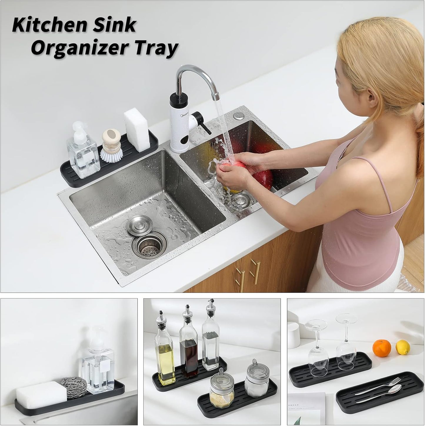 Silicone Kitchen Sink Organizer Tray for Multiple Usage,Eco-Friendly Sponges Holder for Kitchen Bathroom Counter or Sink,Dish Soap Dispenser,Scrubber,Bottle,Cup (Black, 12"×4")