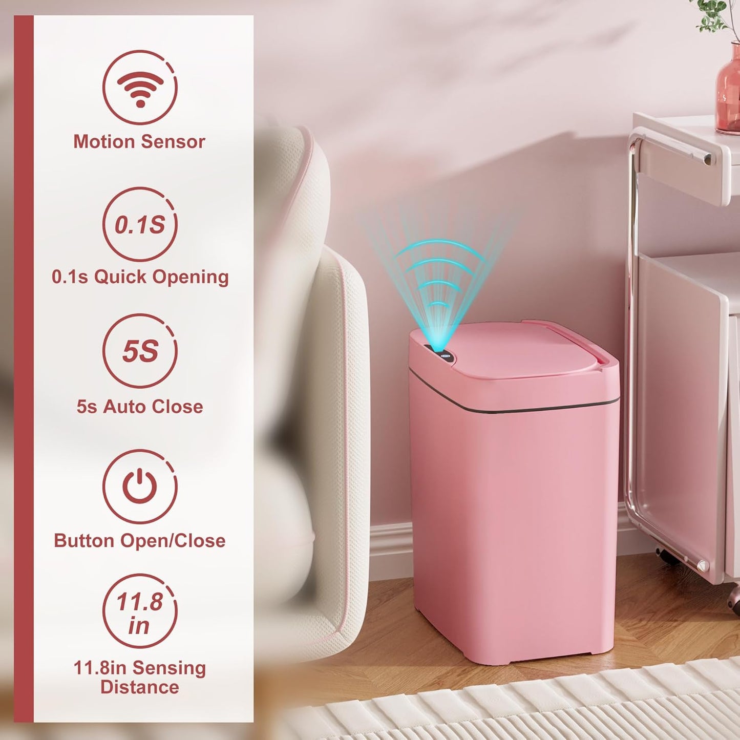 2 Pack 2.7 Gal Bathroom Trash Can with Lid, Automatic Trash Can Small Smart Garbage Can Touchless, Slim Motion Sensor Waterproof Plastic Trash Bins for Bedroom Office Kitchen Toilet Pink