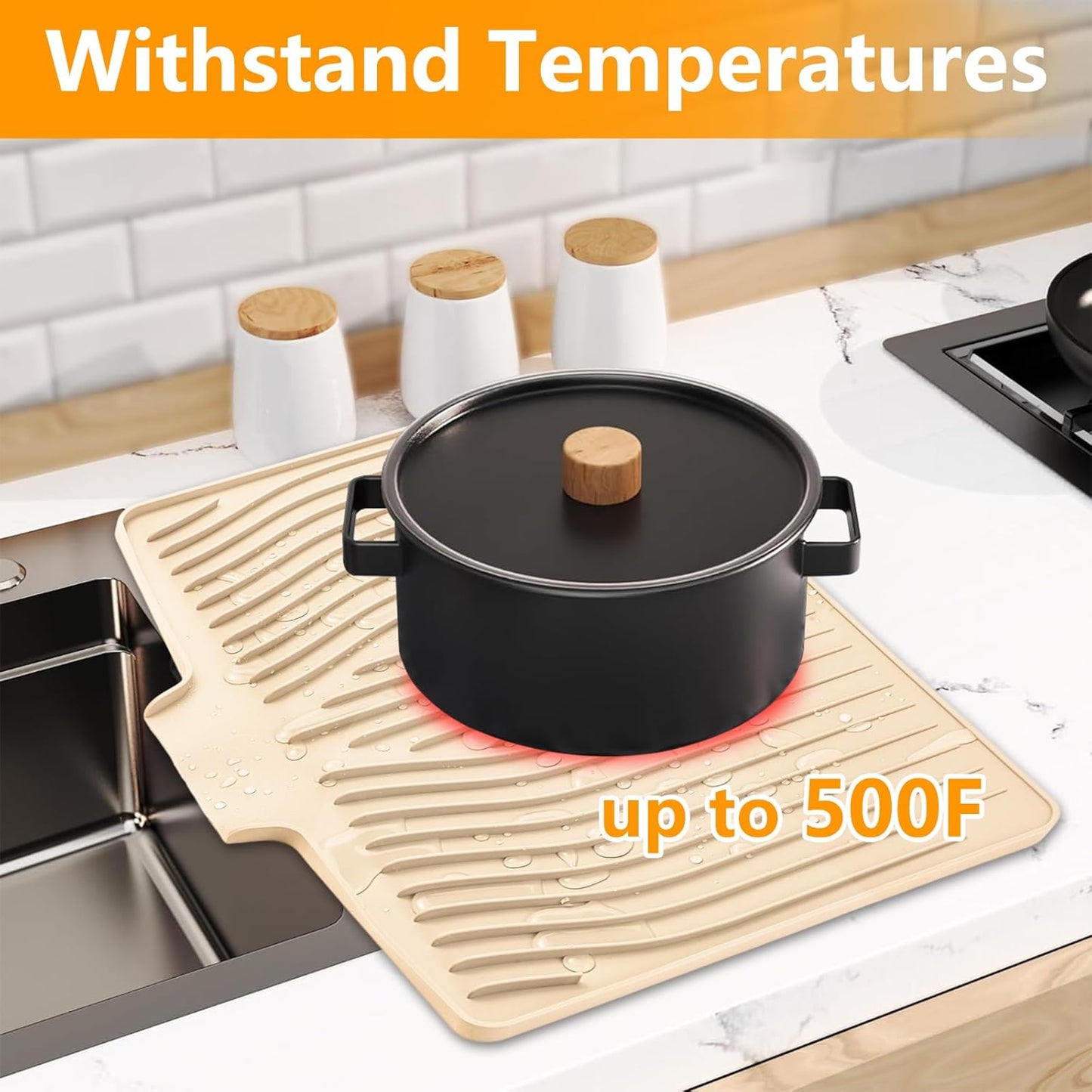 Silicone Dish Drying Mat for Kitchen Counter, Dish Drainer Mat, Non-Slip Drying Pad with Built-in Drain, Kitchen Drying Matt For Counter(18.9" x 11.8", Orange)