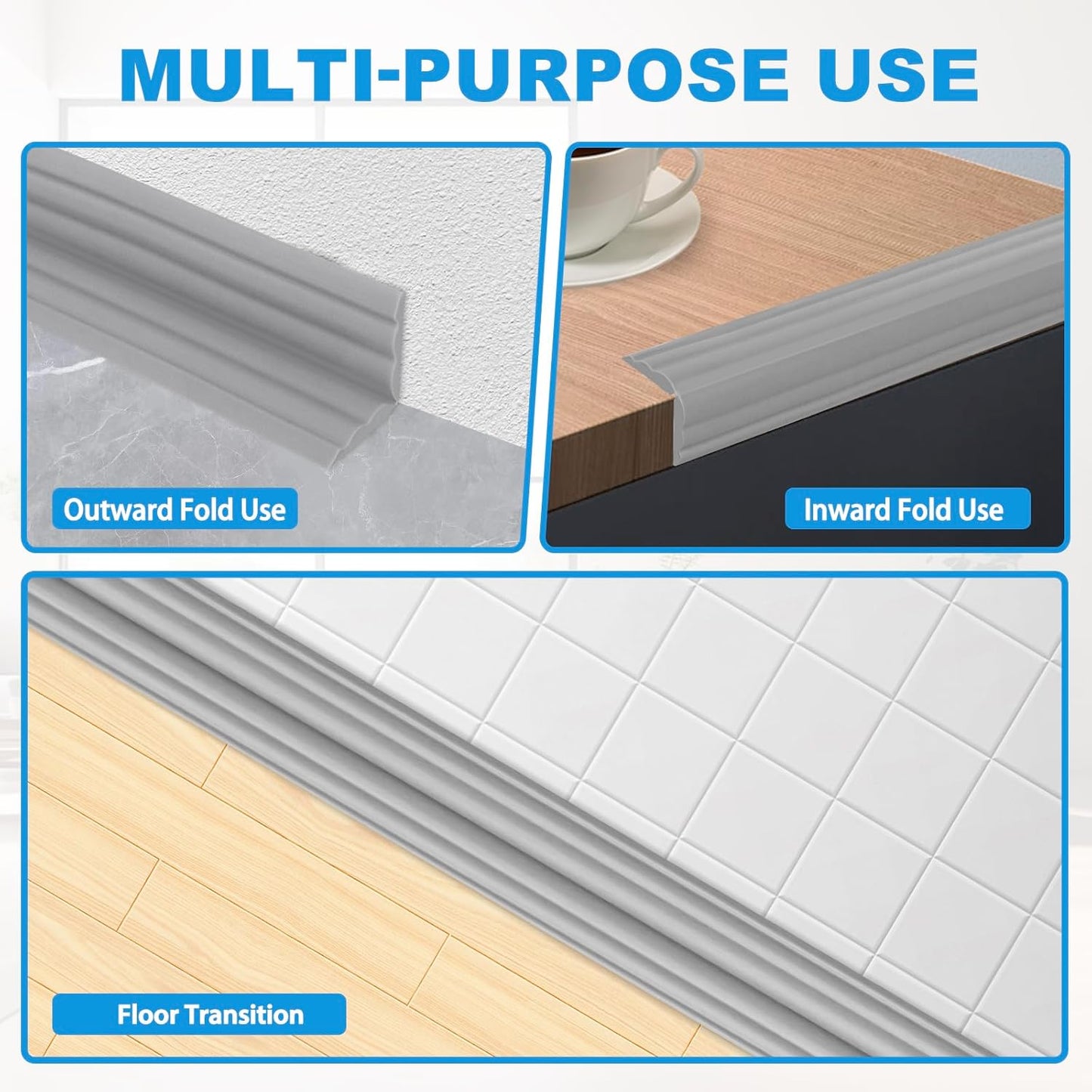 Wall Corner Protector Peel and Stick Corner Trim Molding Flexible Inside & Outside Wall Edge Guard Self Adhesive Moulding Trim for Edge Use, Gray, 0.8” W x 10’ L
