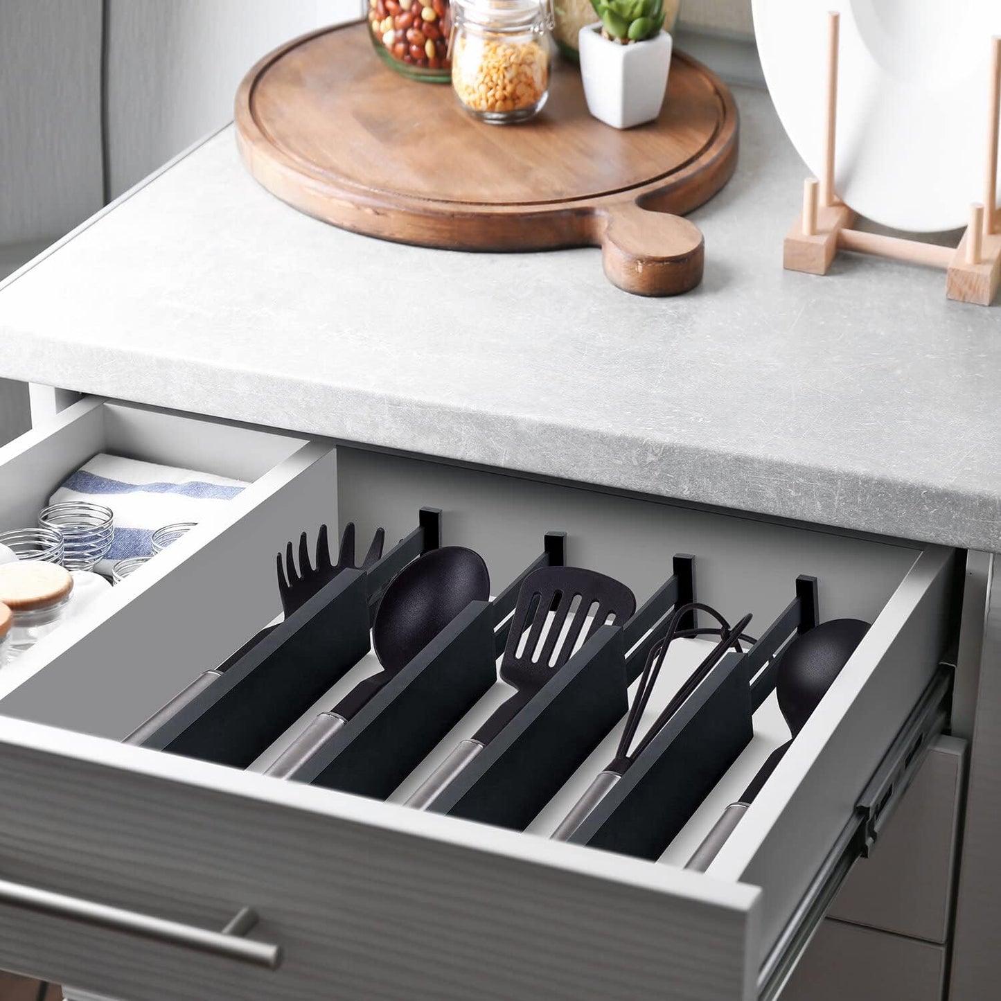 4 Pack Bamboo Drawer Dividers, Adjustable Length from 12 Inch to 17 Inch, Expandable Kitchen Drawer Organizer, Drawer Organization Separators for Clothes, Kitchen, Bedroom, Dresser, Office (Black)