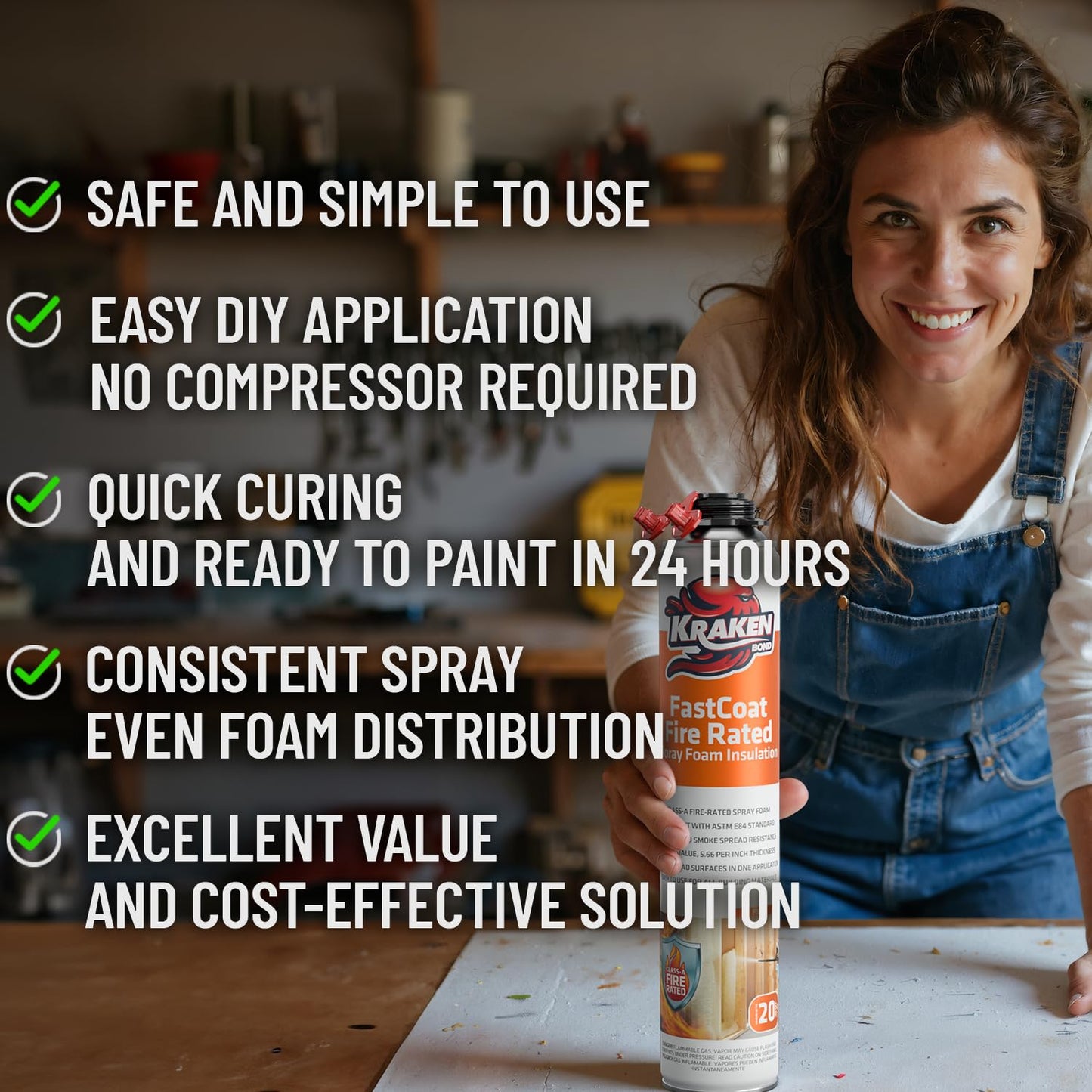 Kraken Bond Fastcoat Fire Rated Spray Foam Insulation Kit Closed Cell in a Can 120 sq ft (6x27.1 oz.) (R-Value 11.32 / 2in) - Spray Foam for Garage Door, Attic, Wall Gun & Cleaner Included, 6 Pack