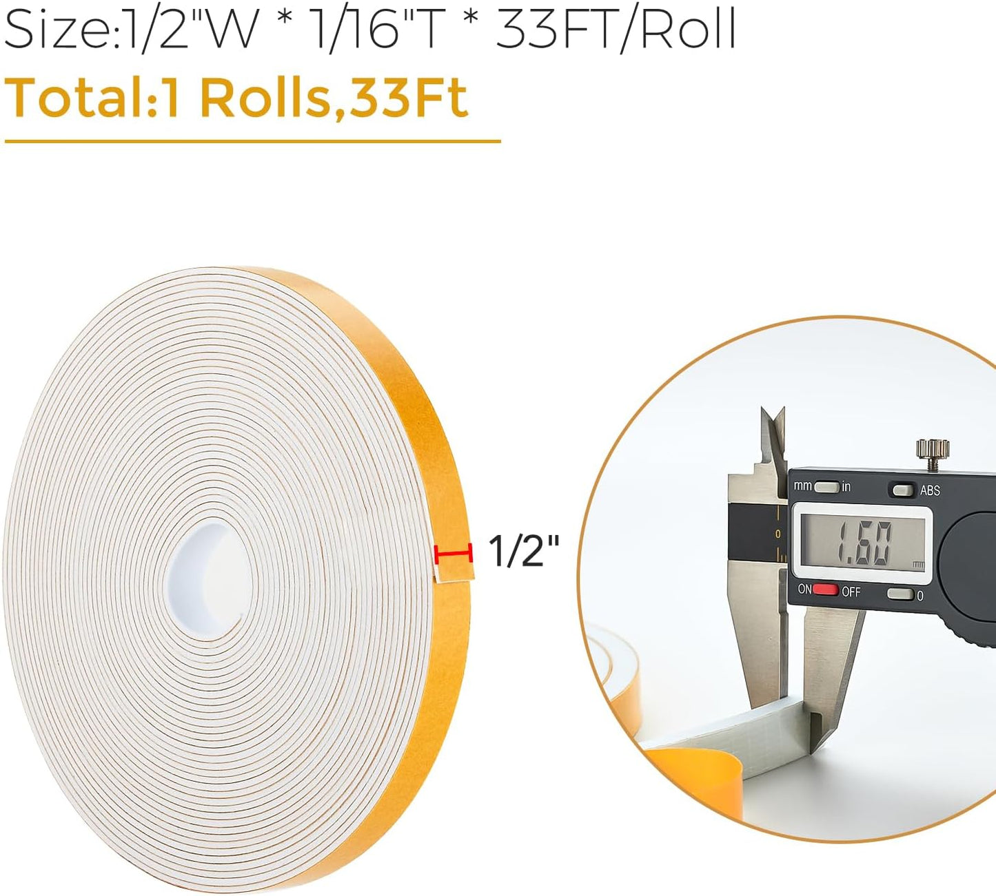 33 Feet Weather Stripping Door Seal, 1/2" Wide X 1/16" Thick Door Seal Strip High Density Foam Tape Adhesive Strip for Door Soundproofing,Window Insulation (1/2" x 1/16" x 33FT,White)