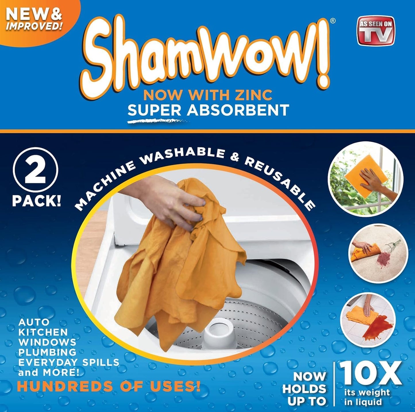 ShamWow Original Super Absorbent Multi-Purpose Cleaning Shammy Chamois Towel Cloth - Holds 10X its Weight in Liquid - Machine Washable - Will Not Scratch (2 Pack, Orange)