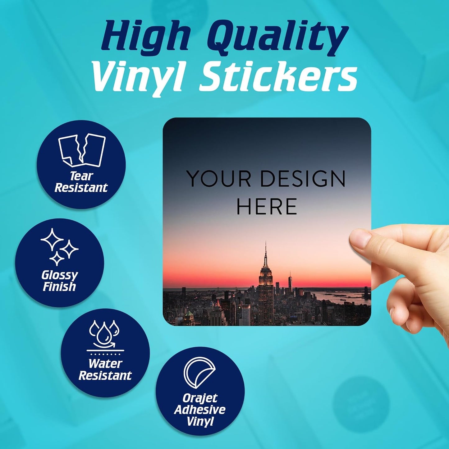 100 Custom Vinyl Stickers - Upload Your own Image, Text, Design, Logo - Personalized Logo Labels for Handmade, Packaging, Bottle, Jars, Candle, Brand Stickers (City, 5x5 Square)