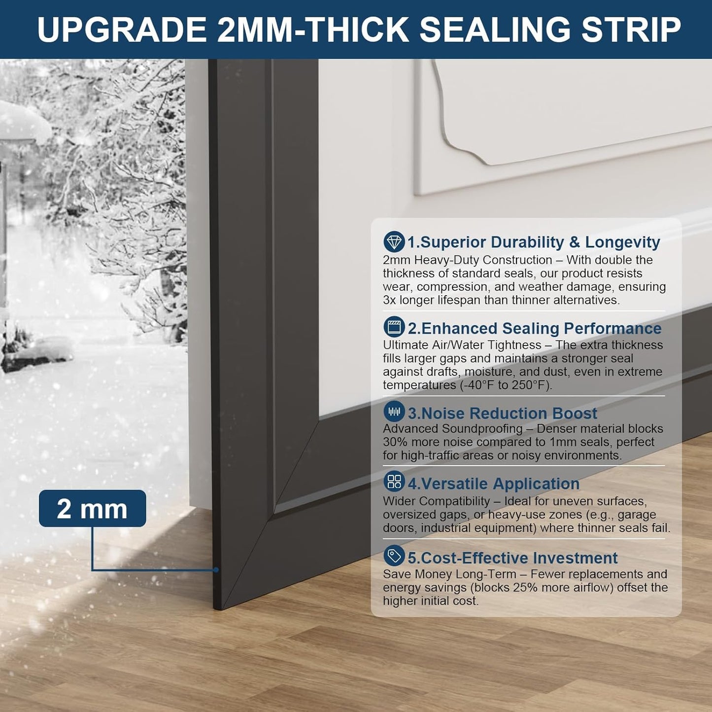 Heavy-Duty 36 ft x 1 in Weather Stripping, Extra Thick 2mm Door Draft Stopper Silicone Seal Strip for House and Glass Shower Doors for Collision and Side Gaps of Door and Windows, Black