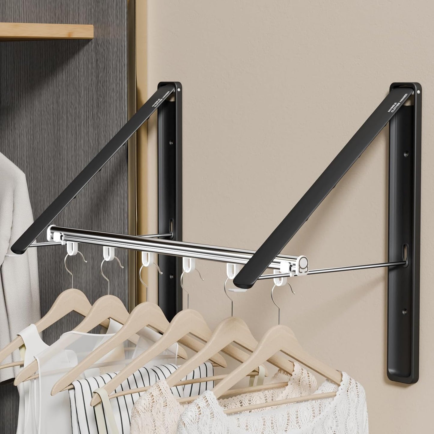 Clothes Drying Rack Retractable, Wall Mounted Clothes Hanger Rack for Laundry Room, Laundry Drying Rack with Clothes Rod Space Saving Closet Organizer Aluminium (Black, 2P)