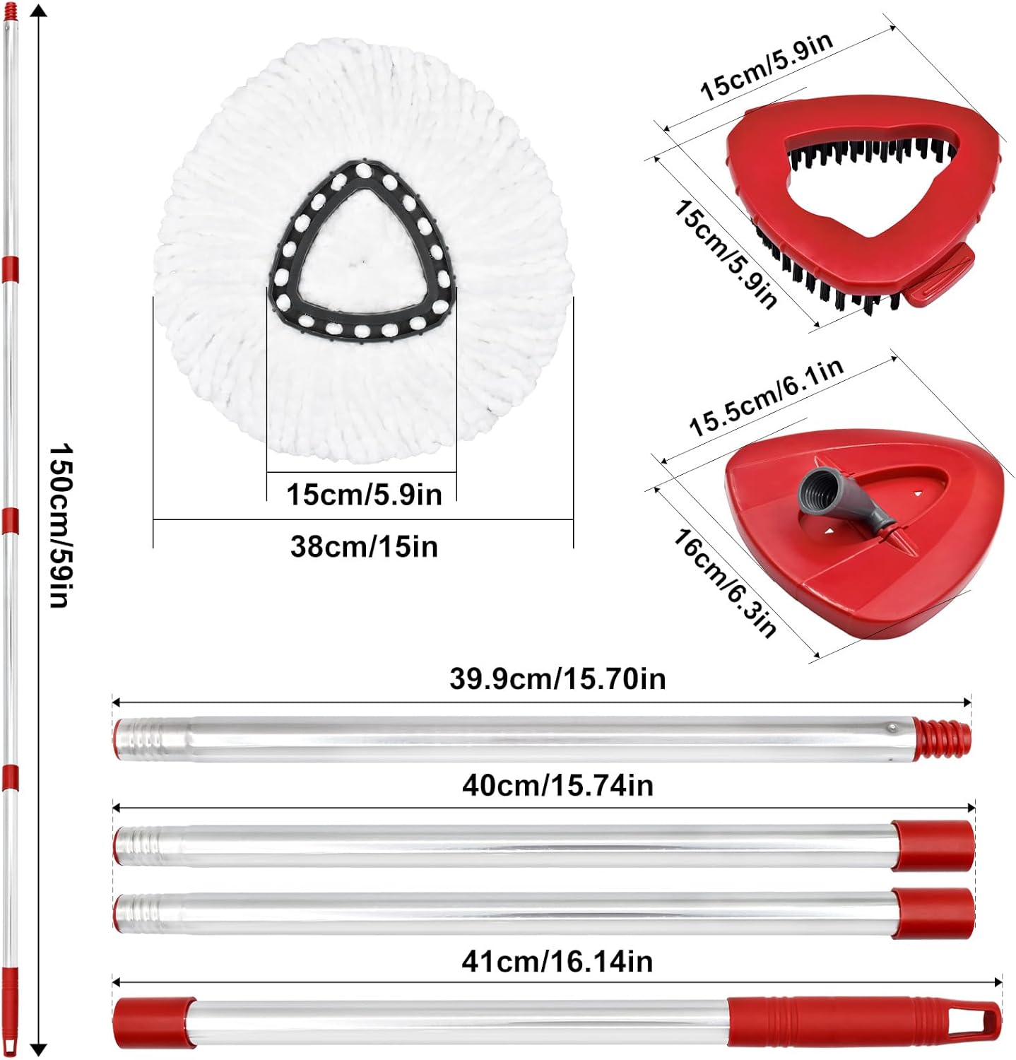 Spin Mop Replacement Handle, 2 Pack Mop Head&Base Scrub Brush 4-Section 30-to-58 inch Mop Replacement Stick Compatible with Ocedar Mop Handle for Easy Wring Mop Refills
