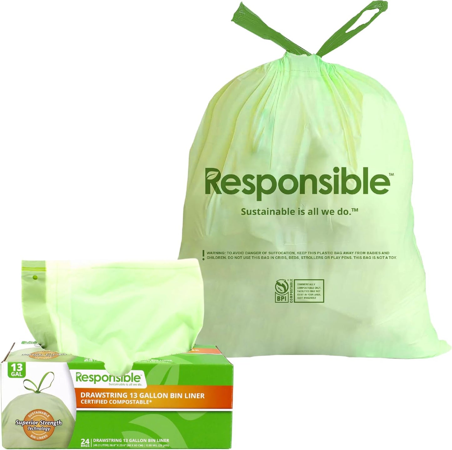 Responsible Products Kitchen Bin Liners, Certified Compostable, Heavy Duty Multipurpose Food Scrap Bags, Made from Compostable Materials (13 Gallon Drawstring, 13 Gallon (24 Count))
