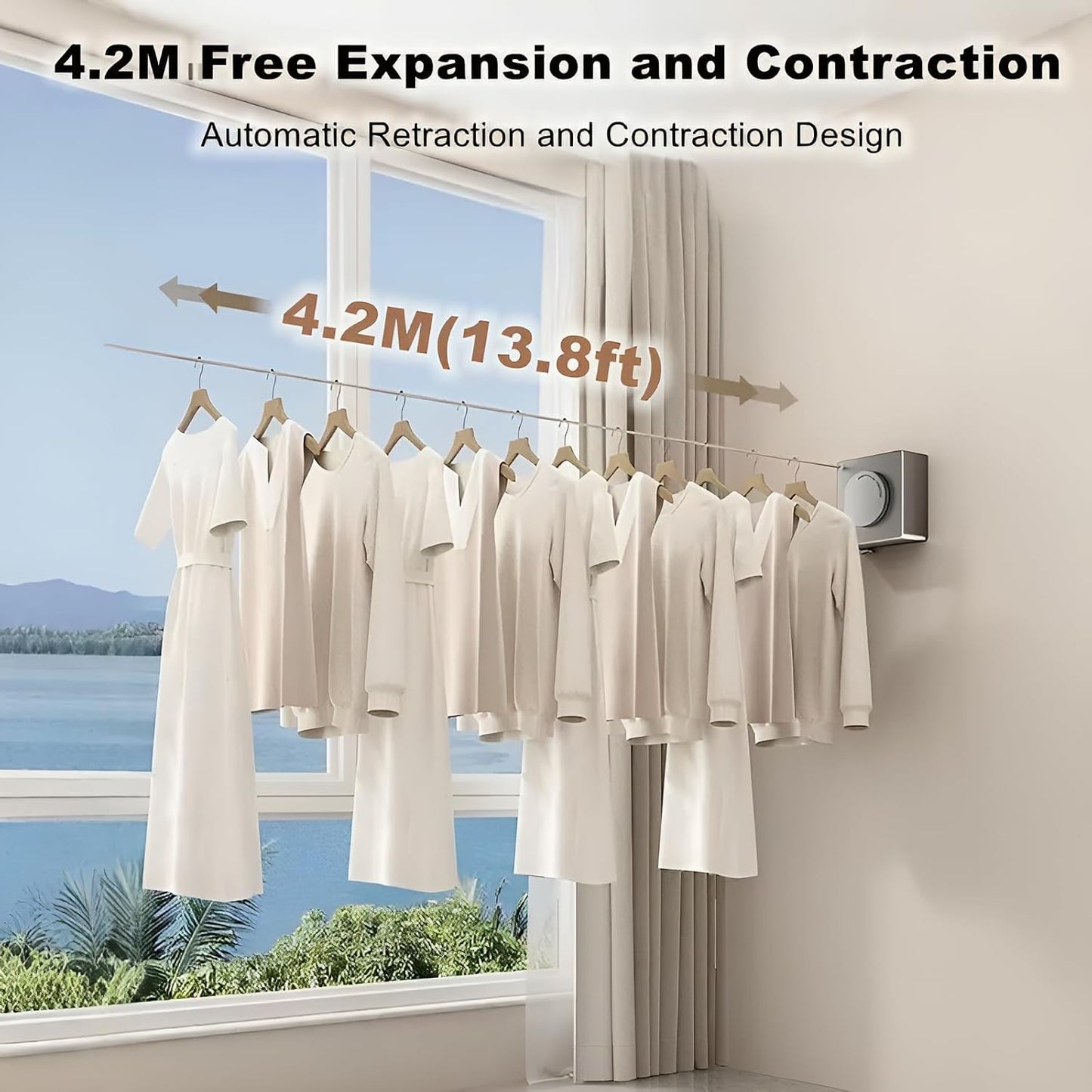 13.8ft(4.2M) Retractable Clothesline, Non-sag Clothesline, Indoor & Outdoor Heavy Duty Retractable Clothesline, Wall Mounted Stainless Steel Washing Line (White)