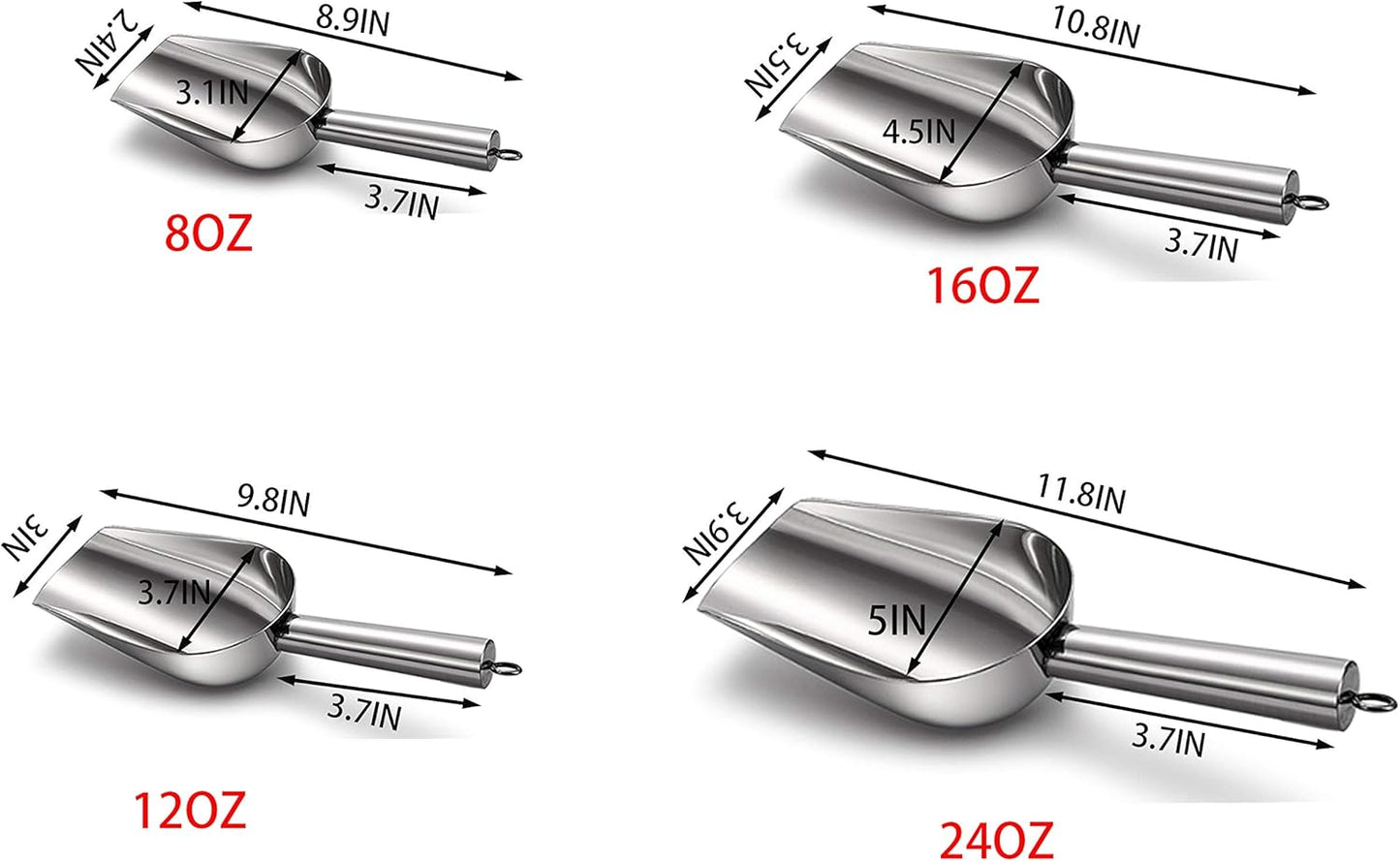 Cedilis 4 Pack Food Ice Scoops, 8oz, 12oz, 16oz, 24oz Stainless Steel Scoop, Heavy Duty Metal Utility Scoops for Candy, Popcorn, Flour, Kitchen Bar Party, Dishwasher Safe