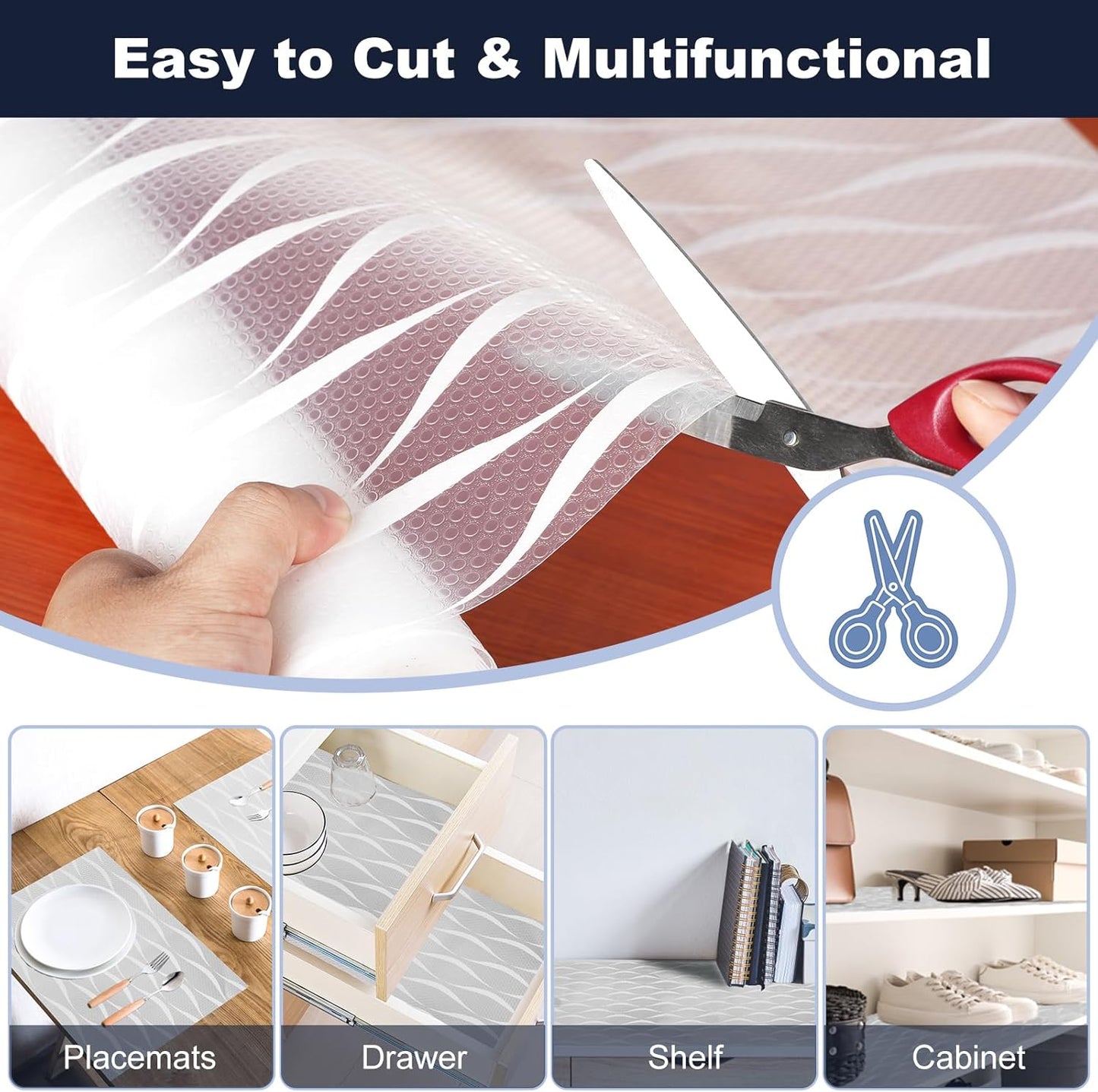 Shelf Liner, Waterproof Refragerator Liner, Drawer Liners for Kitchen Cabinet, Bathroom Sink Mat No Slip Cupboard Mats Non Adhesive Fridge Liner EVA Place Mats Roll - Clear Wave 12"×118"