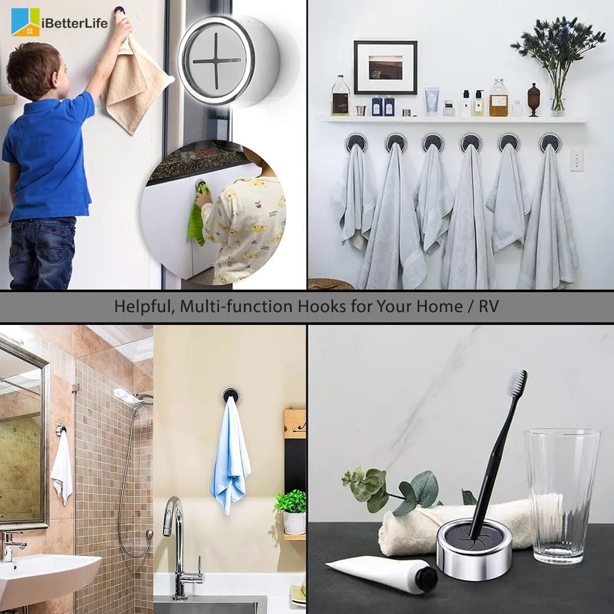 Adhesive Kitchen Dish Towel Hooks - 4 Pack iBetterLife Hand Towel Holder for Cabinet, Push Towel Hook, Dish Cloth Rag Holder for Home Bathrooms, Kitchens, Garages, RV, Within Easy Reach, Matte Black