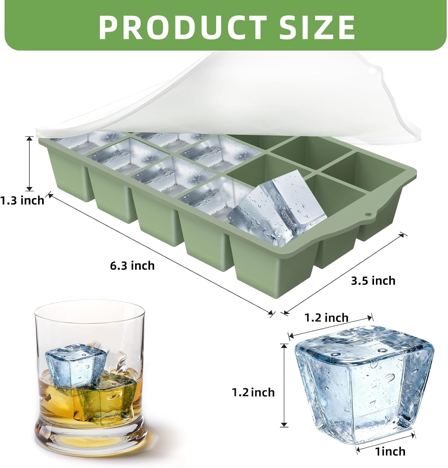 Silicone Ice Cube Tray, 2 Pack Easy-Release Stackable Ice Trays for Freezer with Lid 15 Reusable Cubes, Food Grade BPA Free Ice Molds for Whiskey, Baby Food, Coffee, Cocktail (Grey+Green)