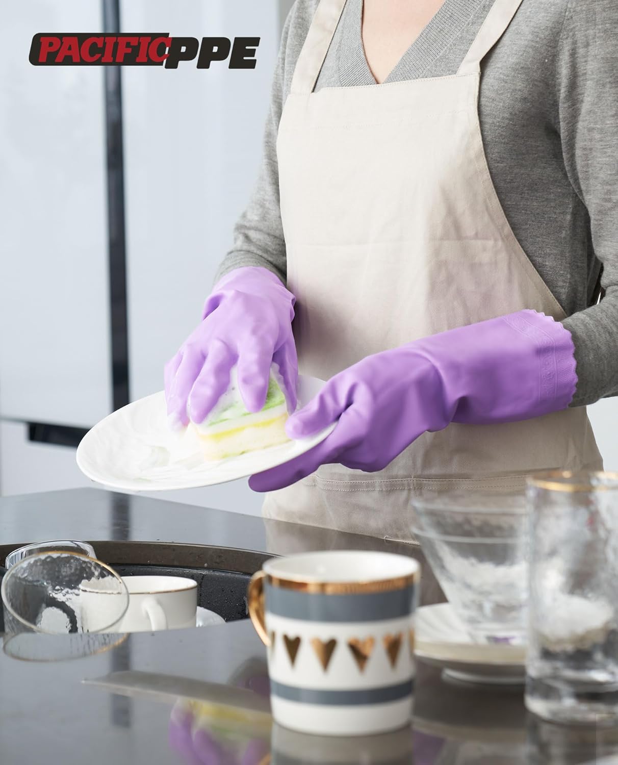 PACIFIC PPE 4 Pairs Reusable Dishwashing Cleaning Gloves with Latex Free, Cotton Lining, Kitchen Gloves, Purple, Medium