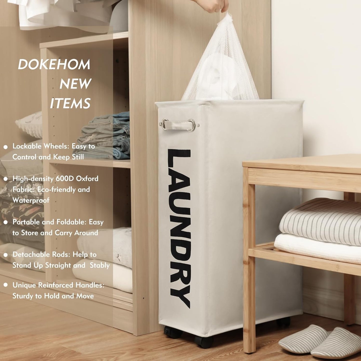 DOKEHOM 29-Inches Enlarged Slim Laundry Basket with Removable Wash Bag on Wheels, Collapsible Rolling Laundry Hamper, Foldable Narrow Corner Clothes Storage Bins (Beige)