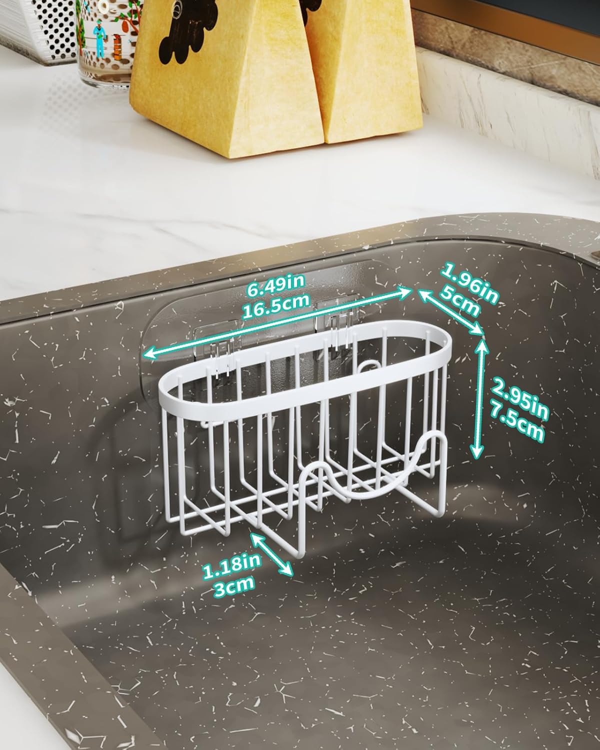 HapiRm Sponge Holder for Kitchen Sink - Sink Caddy with Unique M-Shaped, 2 Installation Methods Kitchen Organizer, Rustproof Stainless Steel Sponge Caddy - White