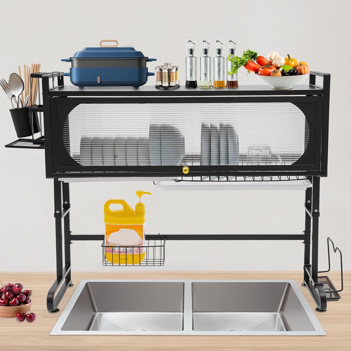 3 Tier Over The Sink Dish Drying Rack W/Clear Cabinet Door, Adjustable Dish Drainer Rack, Black Large Dish Rack, Expandable Shelf Rack W/ Utensil Holder, Dish Drainer Kitchen Organizer for Home Use
