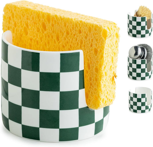 Ceramic Kitchen Sponge Holder, Dish Sponge Holder Suitable for Scrubby Farmhouse Dish Rack Brush Holder for Bathroom, Kitchen, Sink, Green and White