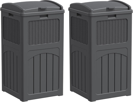 Greesum 33 Gallon Outdoor Trash Can with Lid (2-Pack), Heavy Duty Resin Garbage Bin, Waterproof & UV Resistant for Patio, Garden, Deck, Yard, Gray