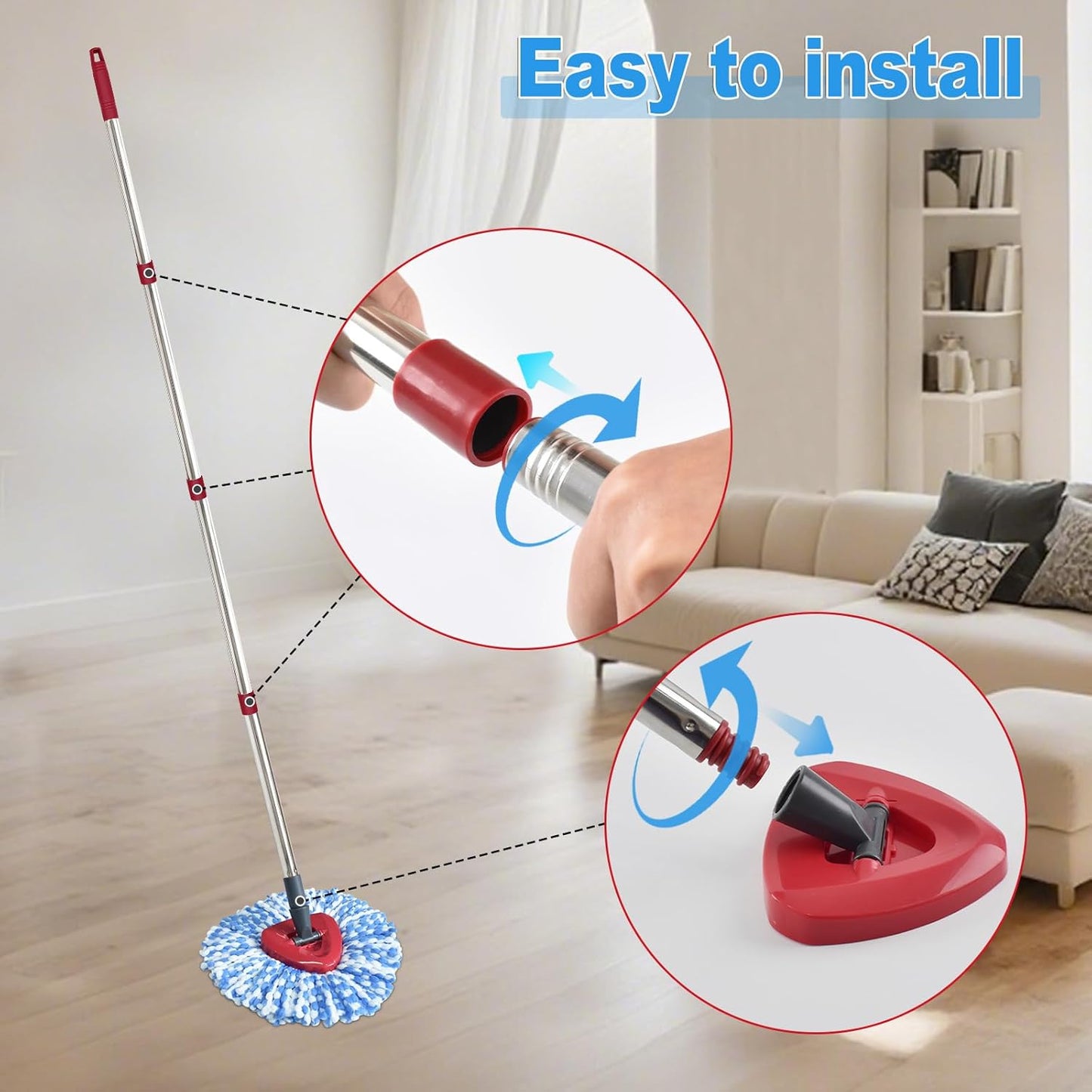 Mop Handle for Ocedar, Mop Handle for O Cedar, Spin Mop Replacement Handle for O Cedar, 4-Section Spin Mop Handles and Base for Ocedar, 30" to 58" Mop Stick Pole Handle and Base for Ocedar Spin Mop