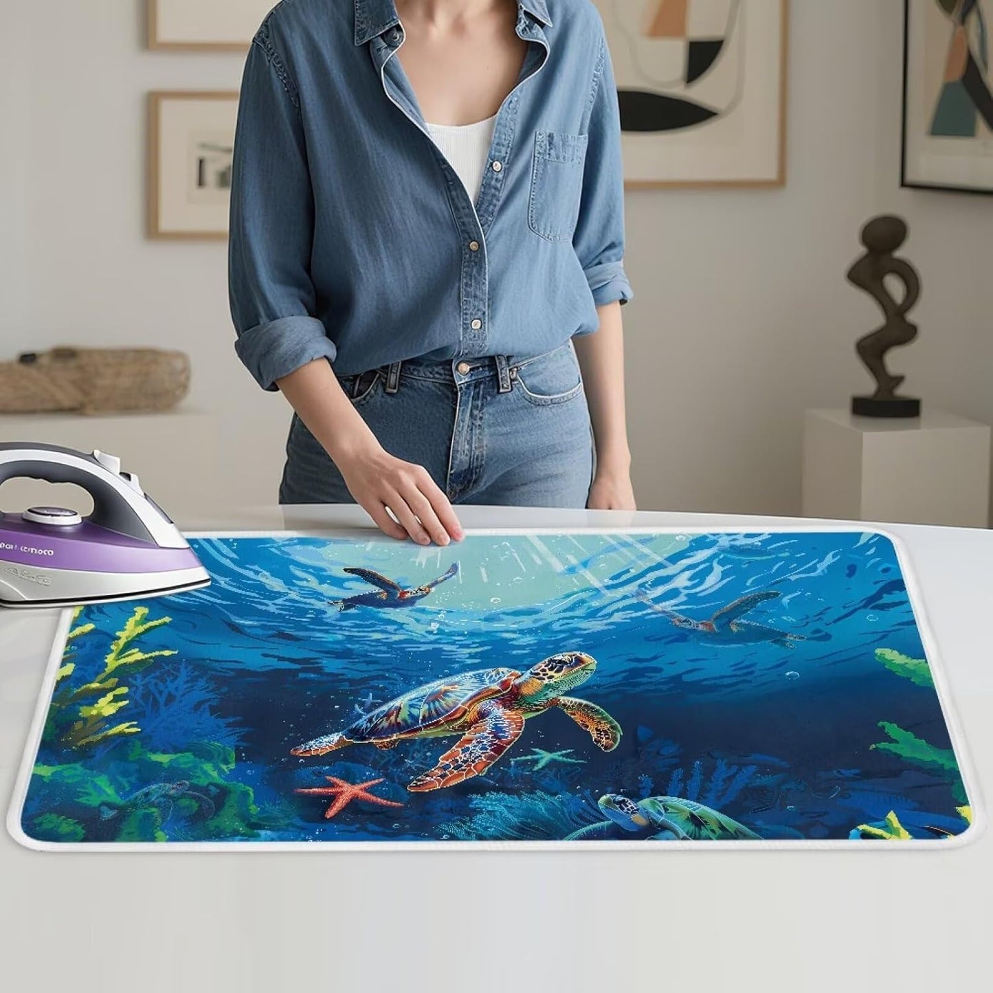 Ironing Mat Portable Iron Pad Magnetic Cover and Padding for Top of Washer, Dryer, Tabletop, Countertop,Travel Small Size Ocean Sea Turtle Ironing Pads 32 x 16 Inch