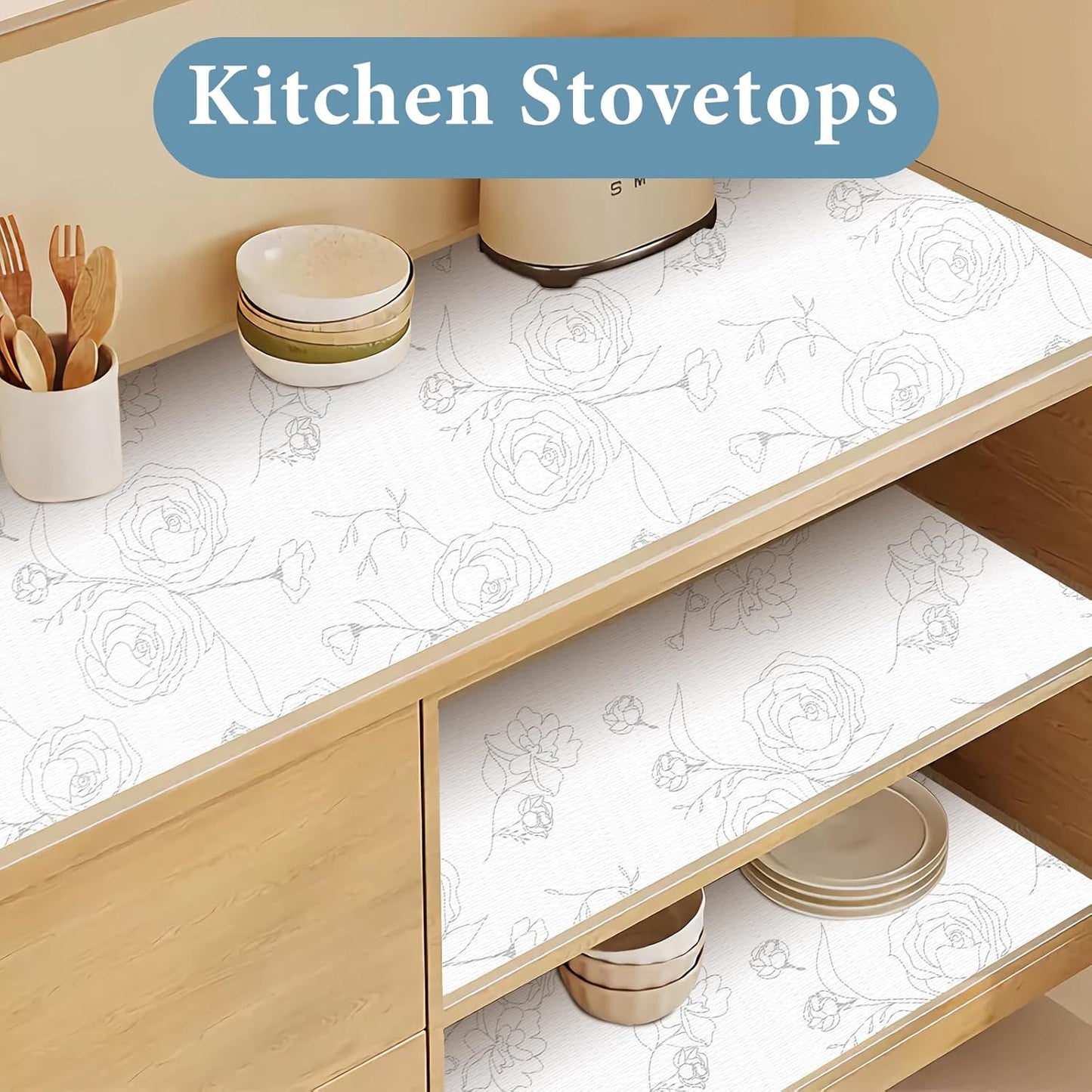 Shelf Liners for Kitchen Cabinets 12in x 10FT Non Adhesive Drawer Liner Sliver Floral Thickened Shelf Liner Paper Strong Non-Slip Easy to Clean for Tool Box Refrigerator with Knife and Tape Measure