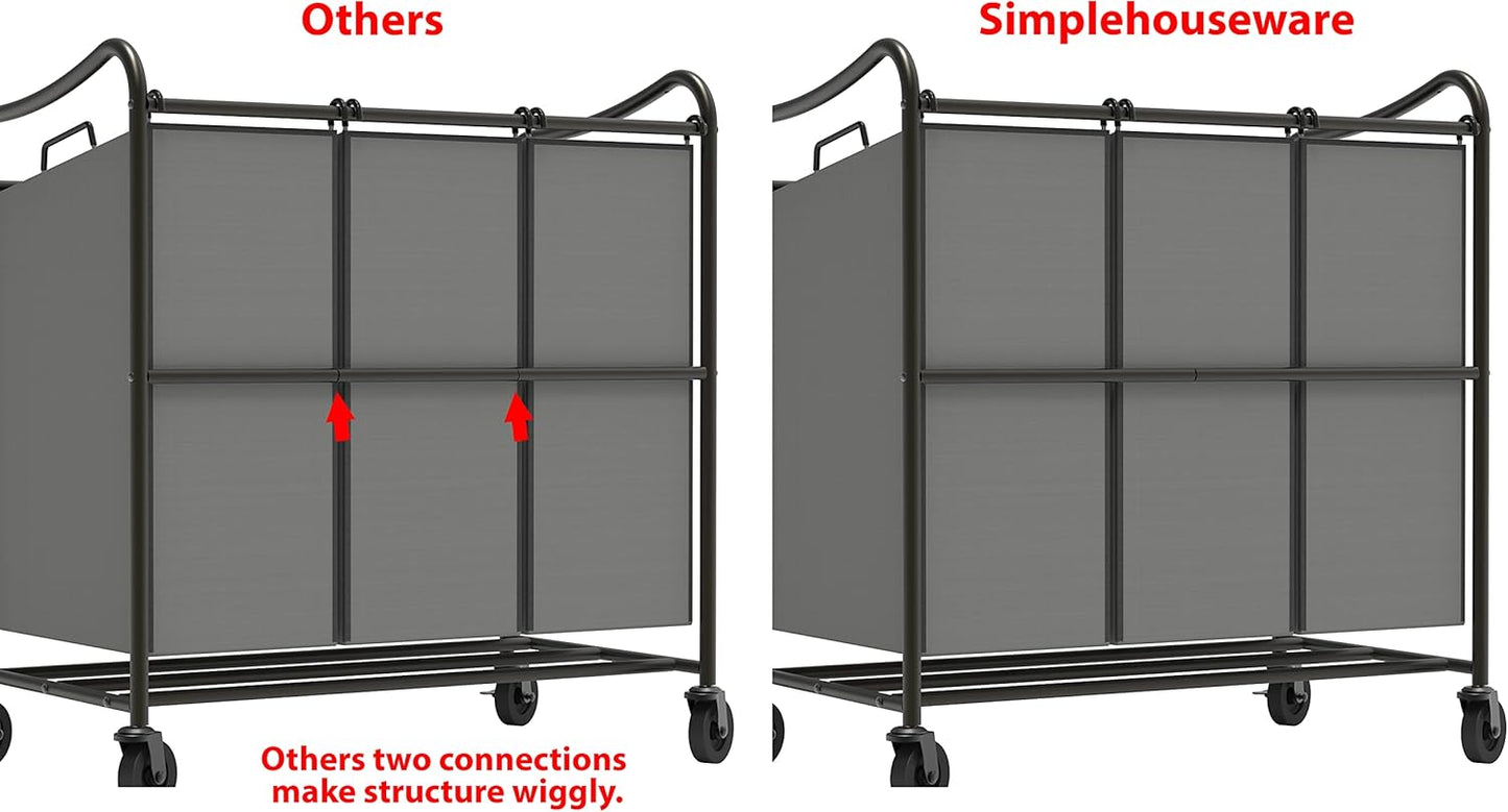 Simple Houseware Heavy Duty 3-Bag Laundry Sorter Rolling Cart, Dark Grey – Durable Triple Laundry Hamper with Removable Bags and Lockable Wheels for Efficient Laundry Organization