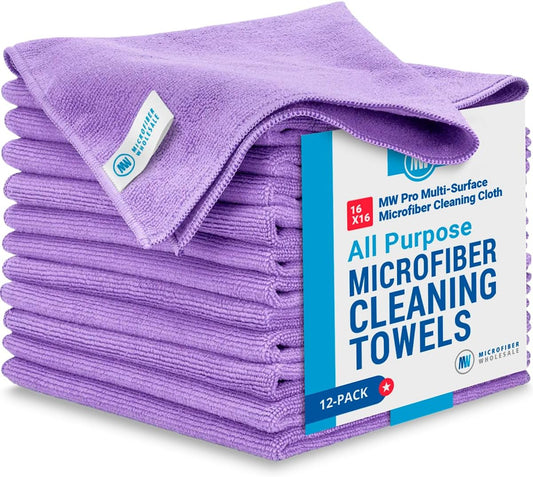 MW Pro Microfiber Cleaning Cloth | Purple | 12 Pack | 16” x 16” | All Purpose Microfiber Towels - Clean, Dust, Polish, Scrub, Absorbent