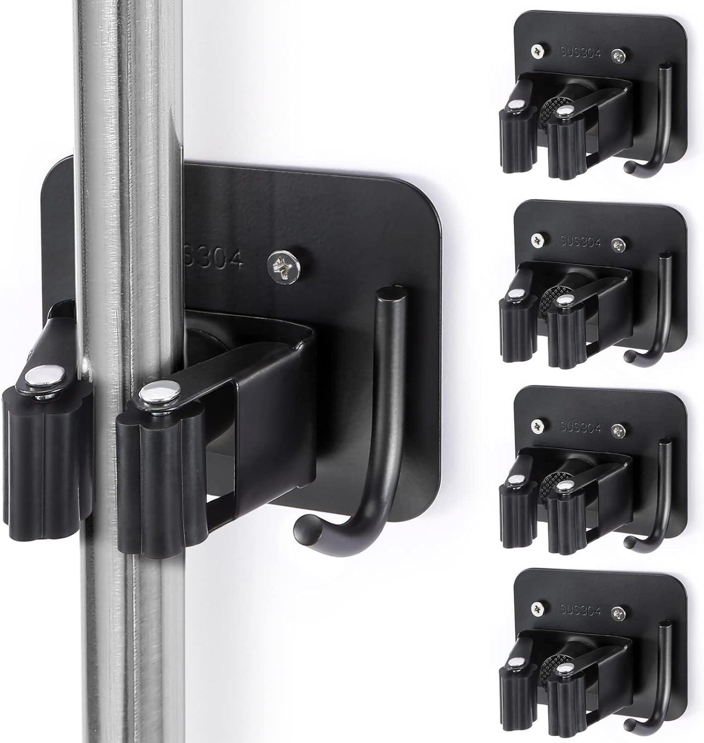 Stainless Steel Broom Holder, Heavy Duty, Rust Resistant, 4 Gripper Positions with 4 Hooks, Black