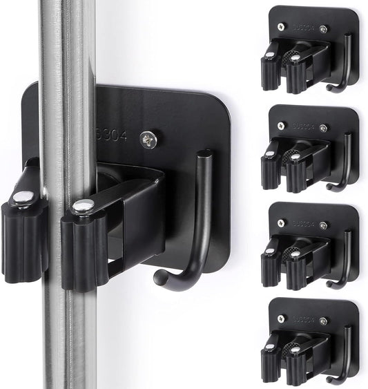 Stainless Steel Broom Holder, Heavy Duty, Rust Resistant, 4 Gripper Positions with 4 Hooks, Black
