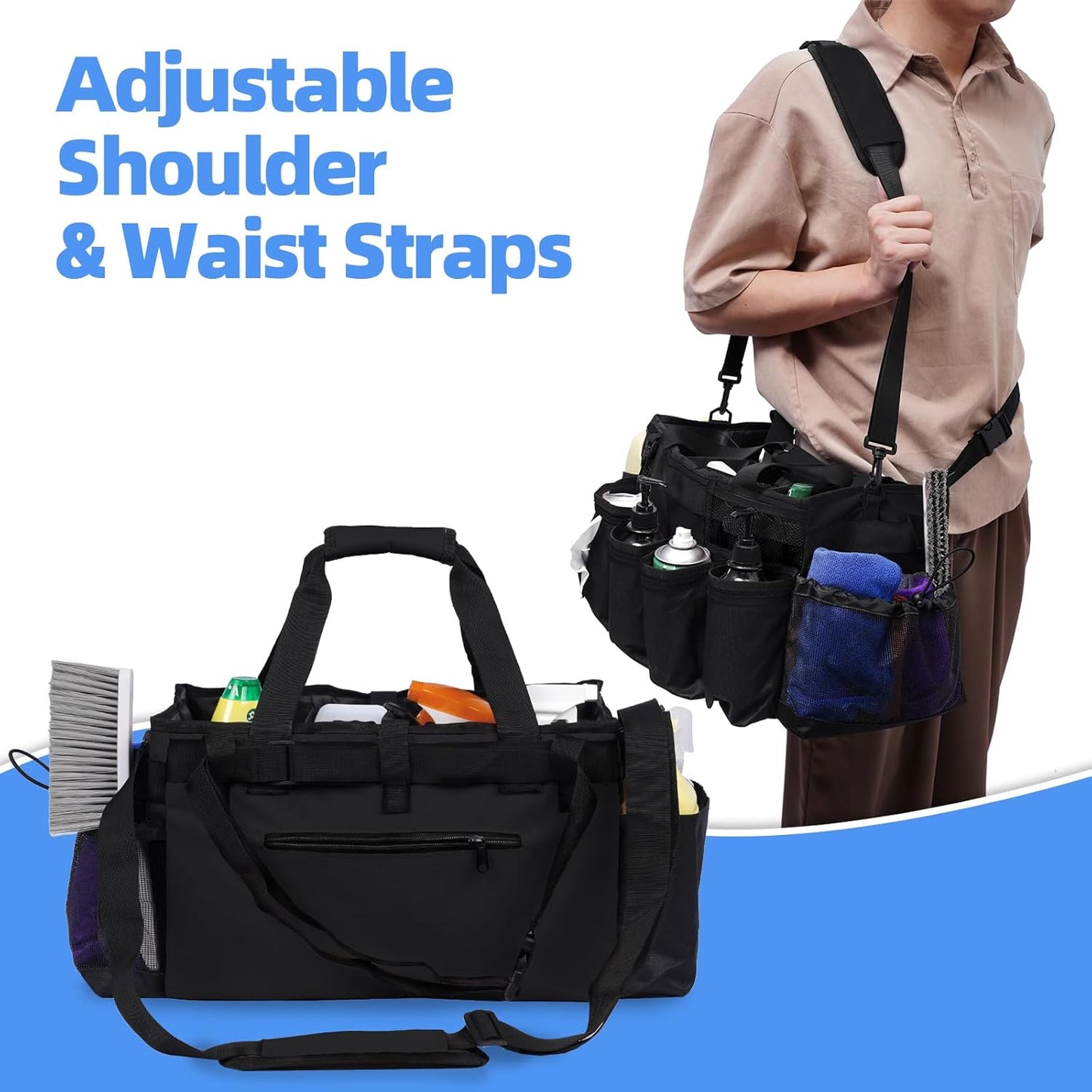 Large Cleaning Supplies Bags for Housekeepers, Professional Wearable Cleaning Supply Caddy for House Cleaners Detail Car Cleaning Supplies Organizer Tote with Handle, Black