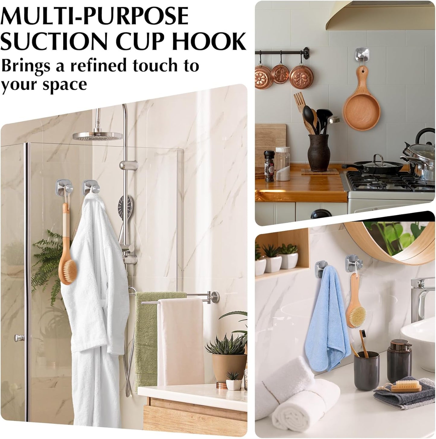 Suction Cup Hooks for Shower - Reusable No-Drill Mounting - Hooks for Towels, Robes & Loofah on Metal, Glass, Mirrors, Tile & Smooth Non-Porous Surfaces (4, Brushed Nickel)