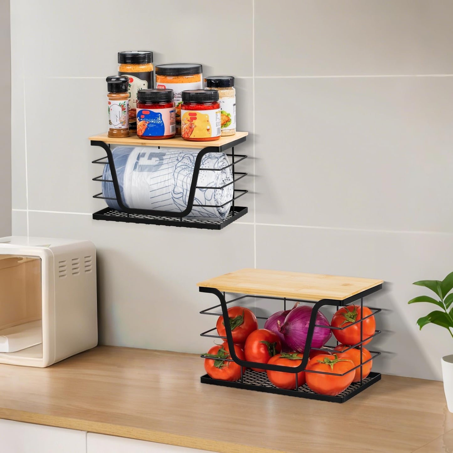 Wetheny 2 Pack Trash Bag Holder, Wall Mounted Garbage Bag Dispenser with Bamboo Top and Mesh Bottom, Stackable Storage for Kitchen Laundry Organization, Black