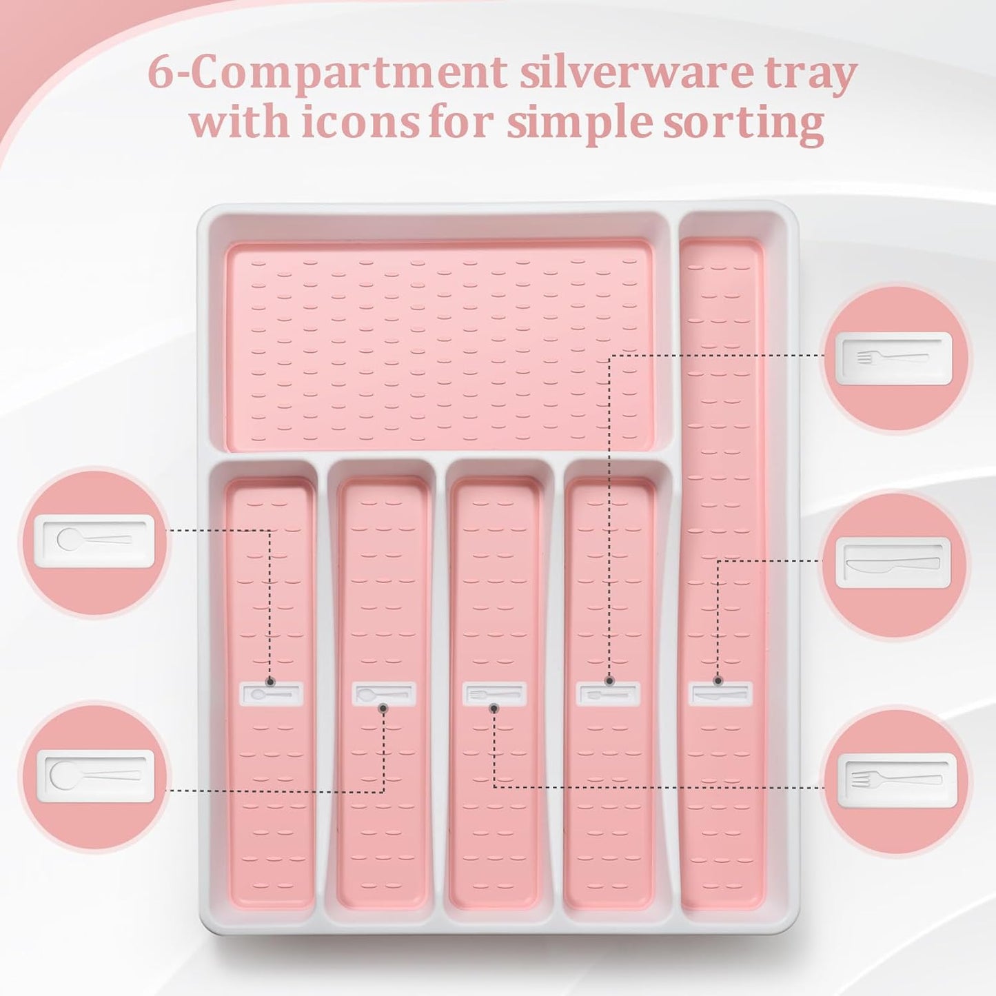 Silverware Organizer with Cutlery Icons，Pink Kitchen Silverware Tray for Drawer，Plastic Flatware Tableware Cultery Drawer Organizer Utensil Organizer with Non-slip TPR Linings，6-Compartment，Pink