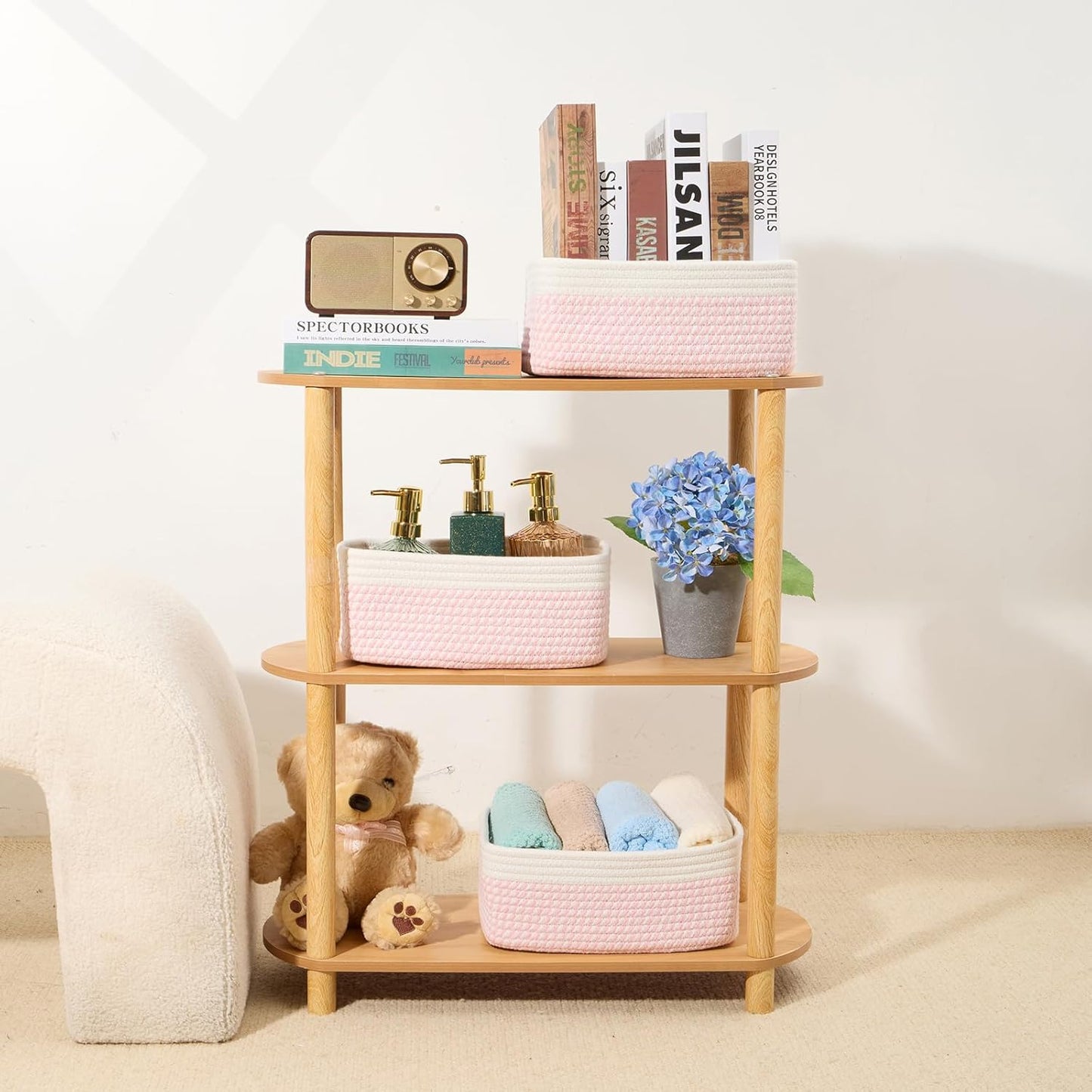 Small Storage Baskets for Organizing | Closet Organizer Bins | Shelf Toy Basket | Woven Rope Baskets | Cube Decorative Box | Shallow Basket | 11.5x7.5x4.7” | 4 Packs White Pink