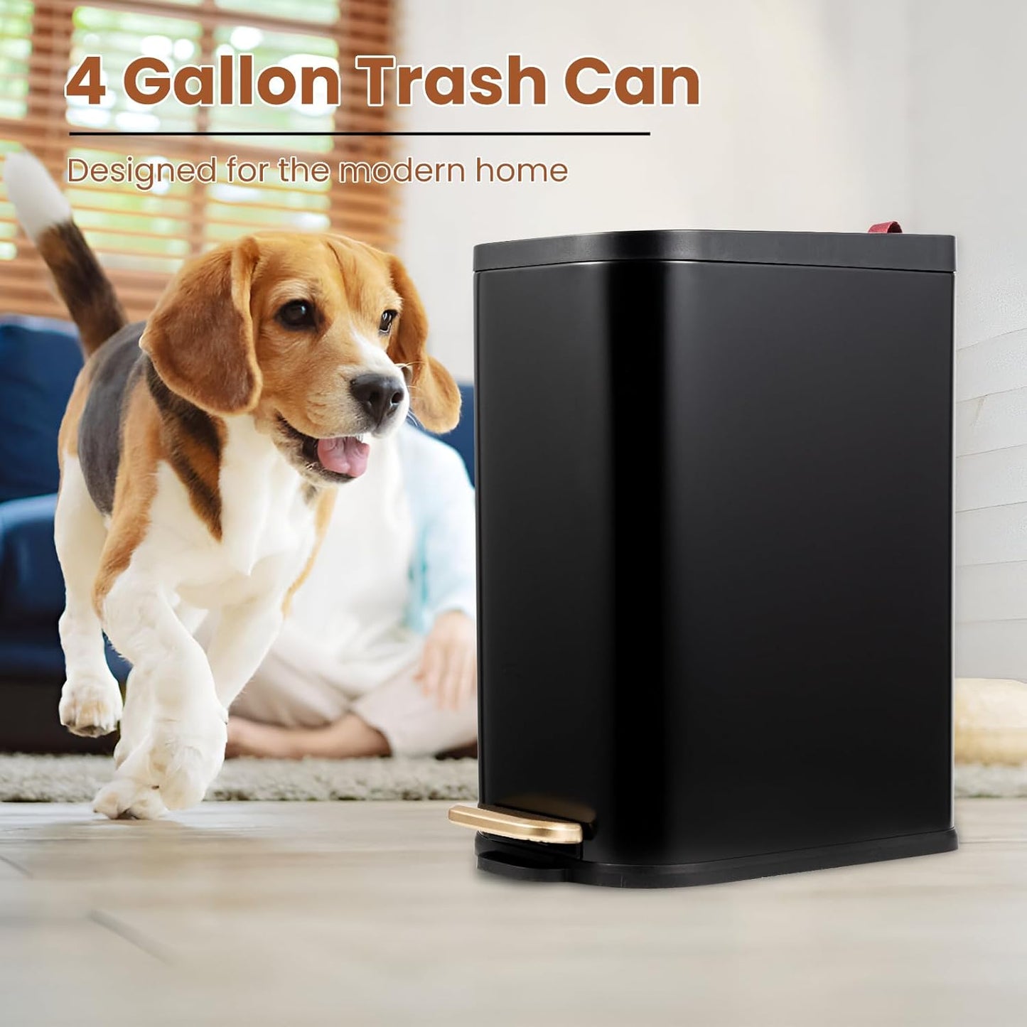 BETHEBEST Bathroom Trash Can with Lid Soft Close,Stainless Steel Step Trash Can with Removable Inner Wastebasket,Black Garbage Can for Bathroom,Bedroom,Kitchen(15 Liter/4 Gallon)