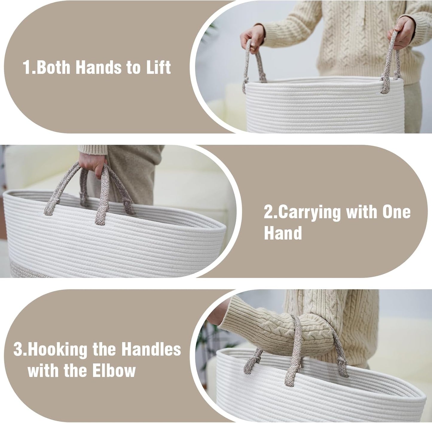 danpinera 79 L Large Laundry Basket, Tall Woven Cotton Storage Hamper with Handles, Dirty Clothes Hamper in Bathroom, Decorative Storage Basket for Living Room White & Brown