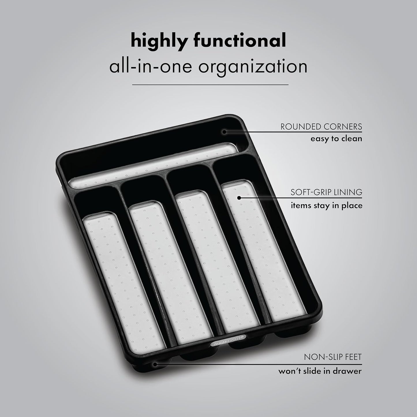 madesmart Classic Mini Silverware Tray, Soft Grip, Non-Slip Kitchen Drawer Organizer, 5 Compartments, Multi-Purpose Home Organization, BPA Free, Granite