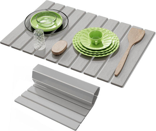 Stone Dish Drying Mats for Kitchen Counter-23.6''x15.3'' Foldable Quick Dry Stone Mat Kitchen,Eco-Friendly,Absorbent Diatomaceous Earth Mats for Dishes Bottles Cups Bathroom Any Countertop-Light Gray