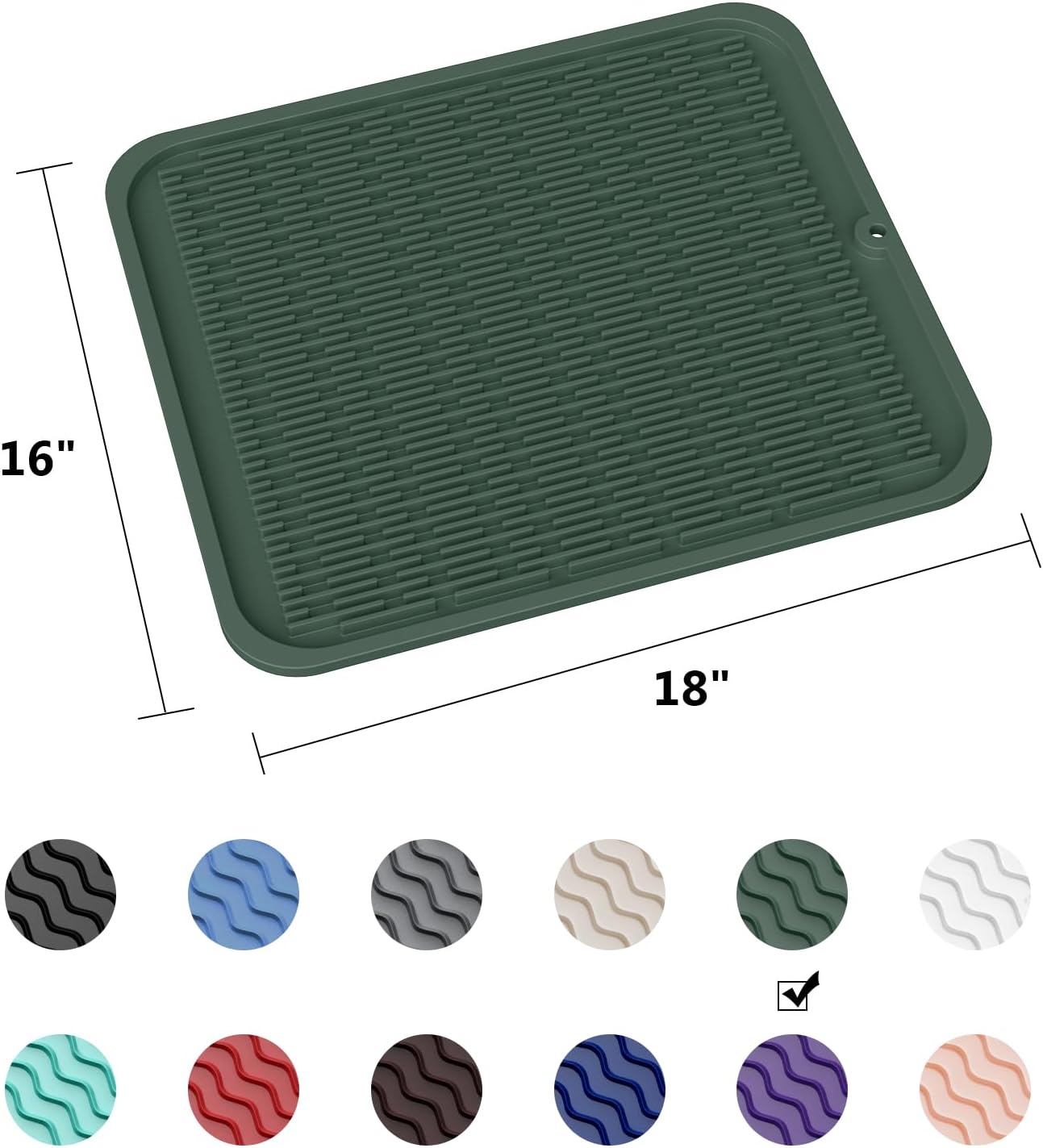 ZLR Silicone Dish Drying Mat for Kitchen Counter, Eco-Friendly Fast Dry Dish Mat, Easy Clean Multi Usage Drying Matt, Heat Resistant Trivet, 16" x 18" XL, Dark Green