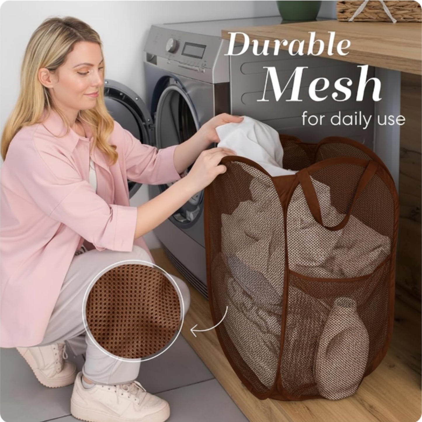 Handy Laundry Collapsible Mesh Pop Up Hamper with Wide Opening and Side Pocket - Breathable, Sturdy, Foldable, and Space-Saving Design for Clothes and Storage (Brown)