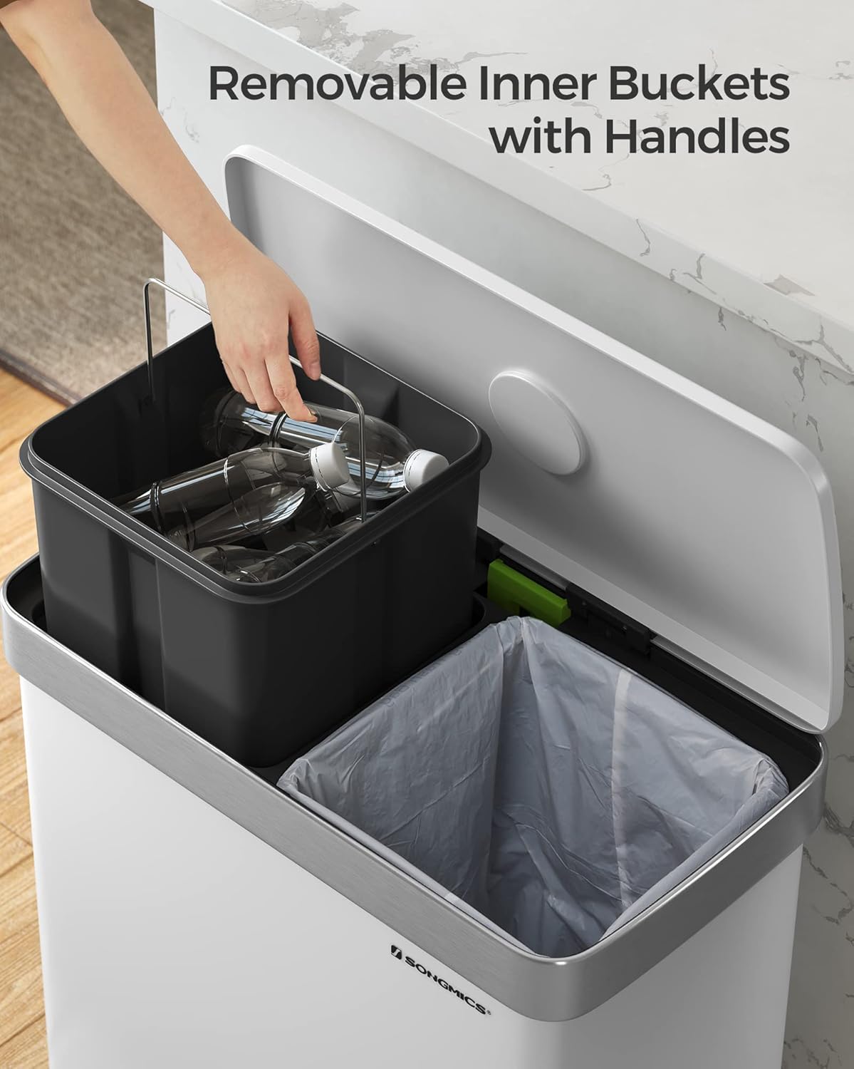 SONGMICS Kitchen Trash Can, 16 Gallon (2 x 8 Gallon) Dual Compartment Garbage Can, 60L Pedal Recycling Bin, Stays Open and Soft Close, Stainless Steel, 15 Bags Included, Cloud White ULTB202W01