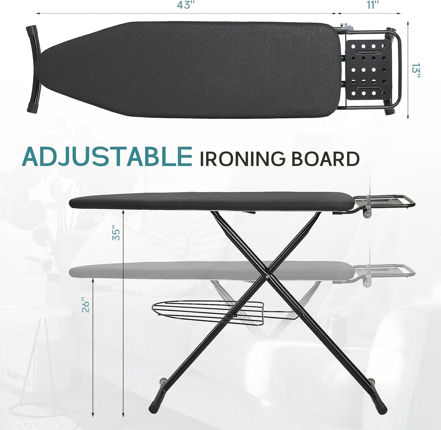Ironing Board Full Size, RAINHOL 43"x13" Sturdy Iron Board with Iron Rest and Garment Rack, Height Adjustable Metal Construction with Ultra Thick Cover and Padding, Foldable and Heavy Duty